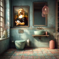 Mona Retriever Bathroom Poster – Funny Dog Parody Wall Art with Toilet Paper