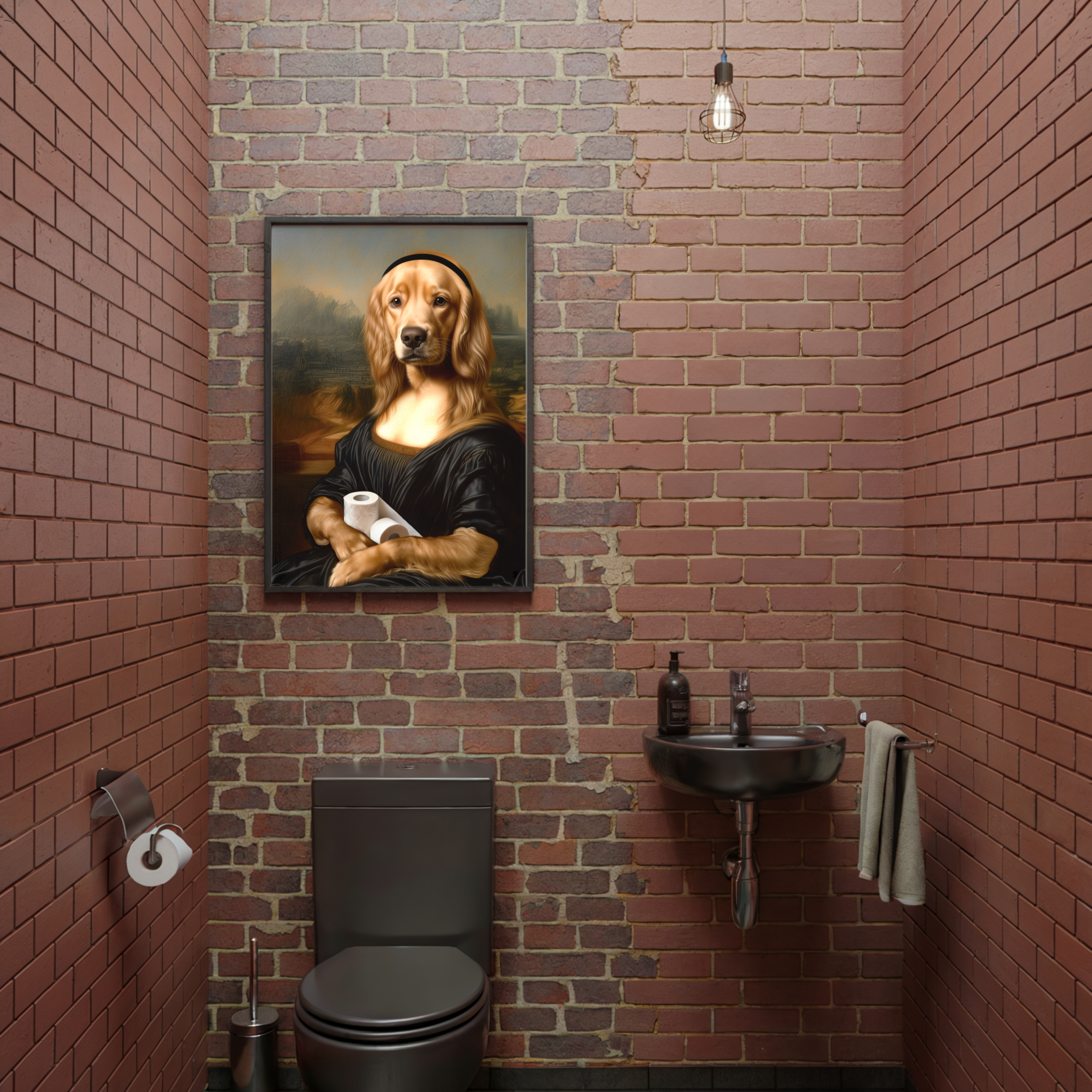 Mona Retriever Bathroom Poster – Funny Dog Parody Wall Art with Toilet Paper