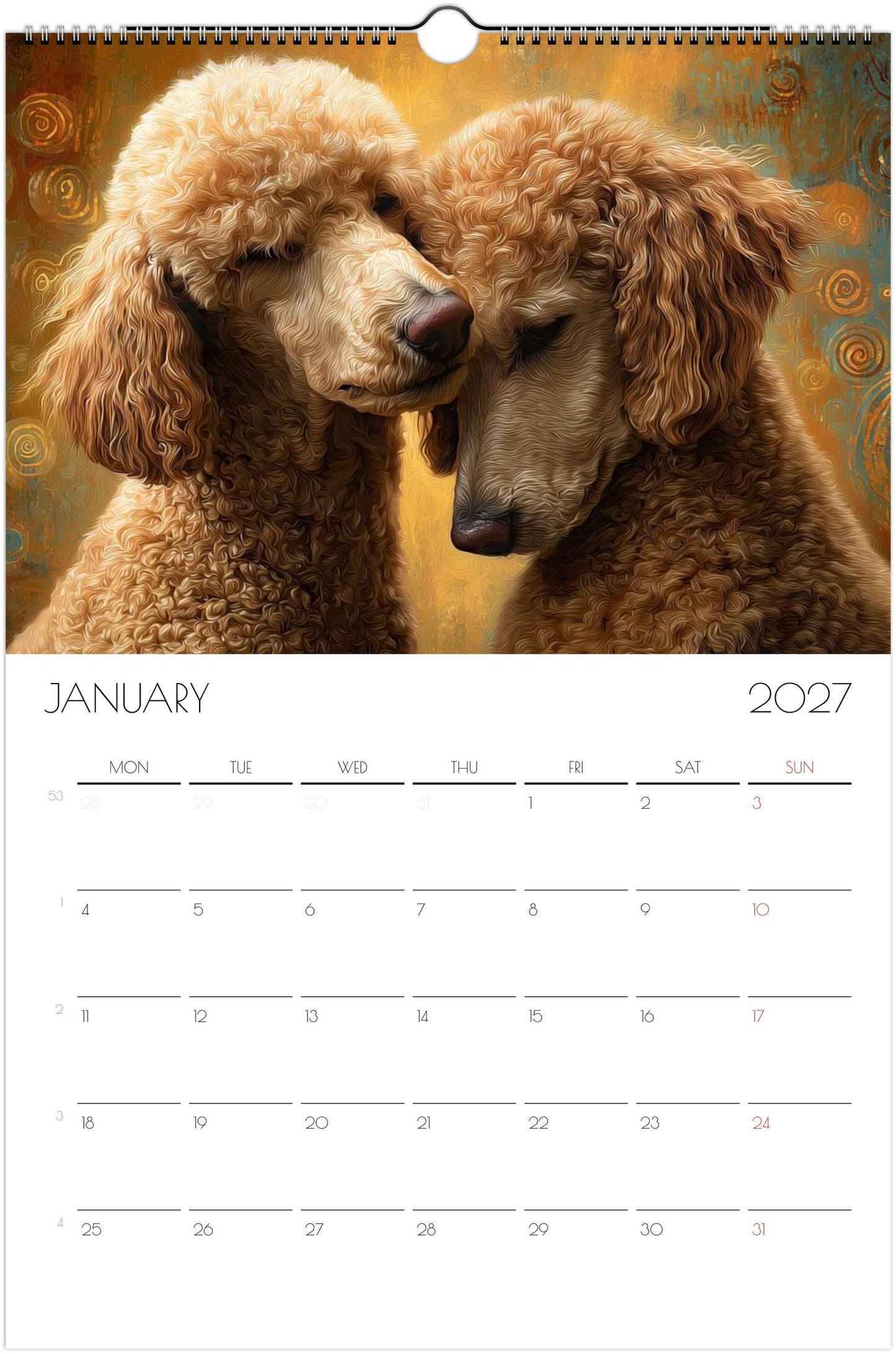 Poedelkalender 2027 – 12 maanden kunstkalender voor aan de muur voor poedelliefhebbers