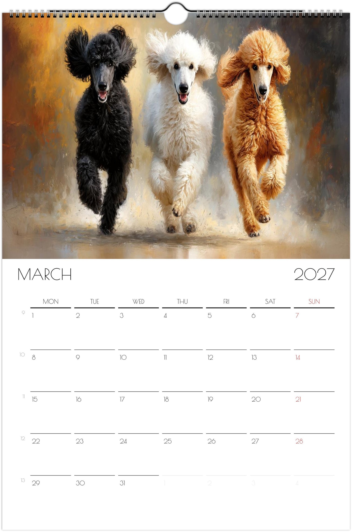 Poedelkalender 2027 – 12 maanden kunstkalender voor aan de muur voor poedelliefhebbers
