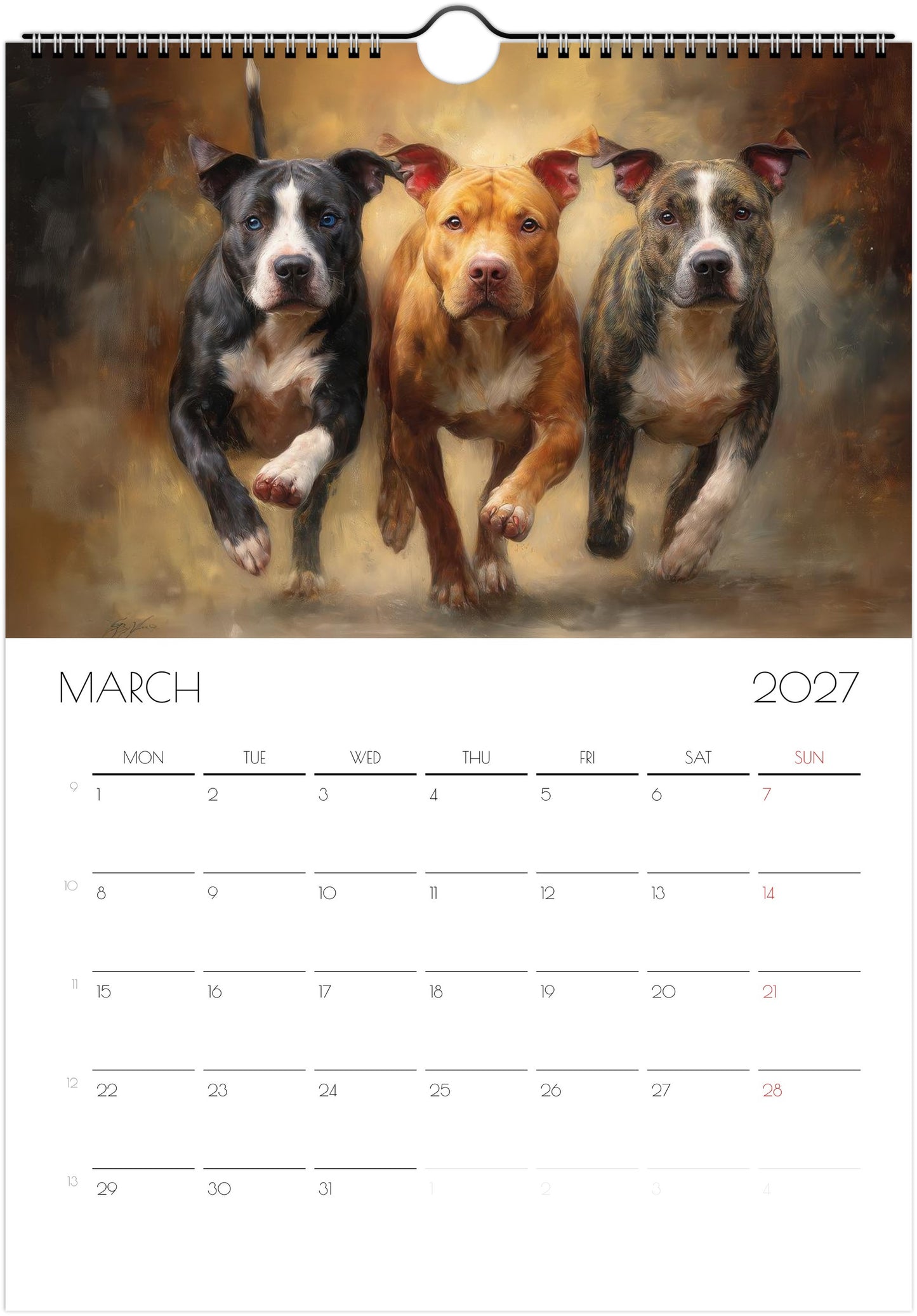 Pitbull Kalender 2027 – 12 Maanden Kunst Kalender voor Pitbull Liefhebbers