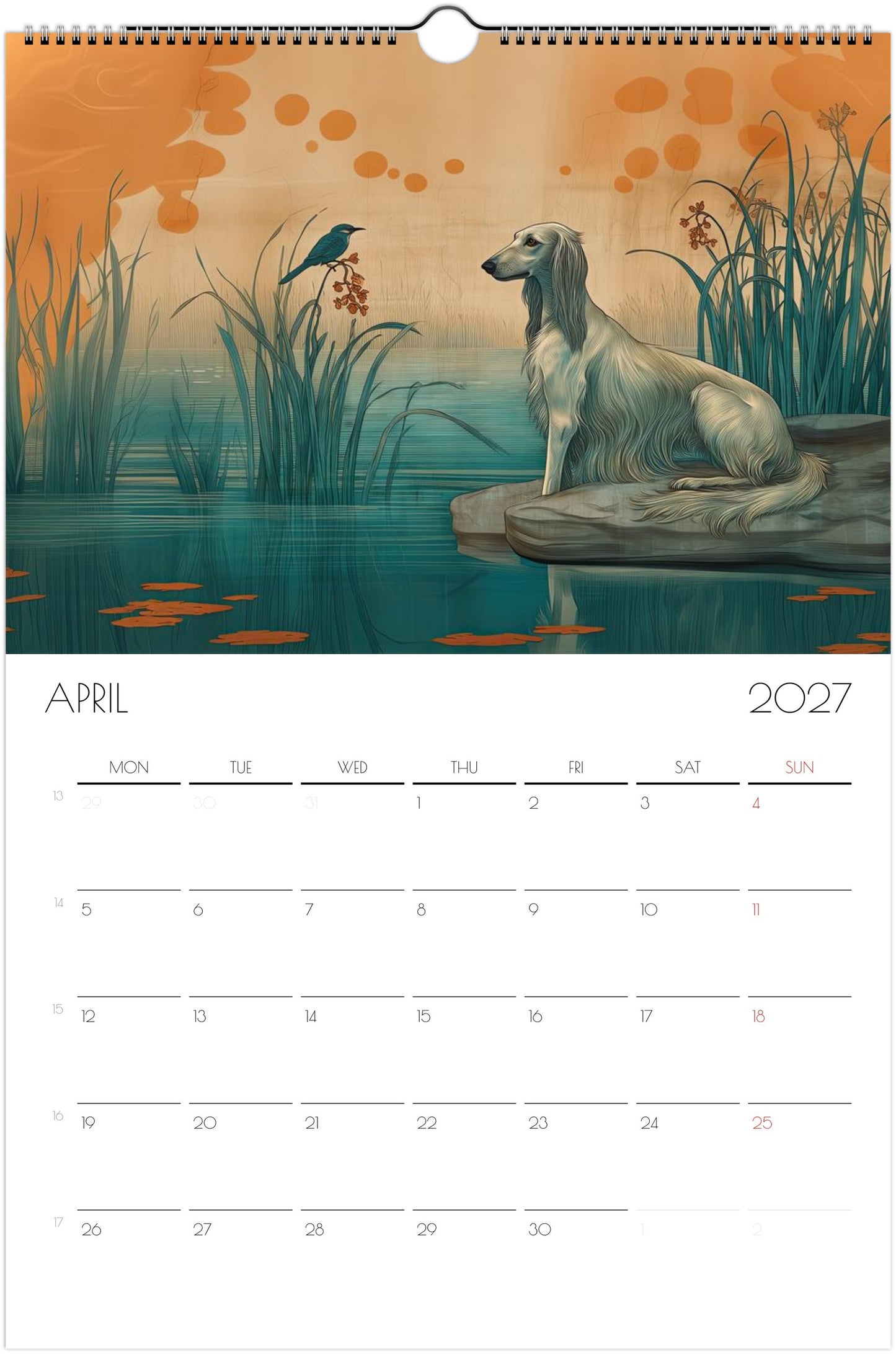 Afghaanse Windhond Kalender 2027 – 12-Maanden Fine Art Honden Wandkalender voor Afghaanse Windhond Liefhebbers