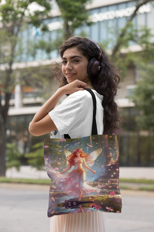 Blushing Fairy Enchantment Tote Bag: Pink Whimsical Design with Black Handles