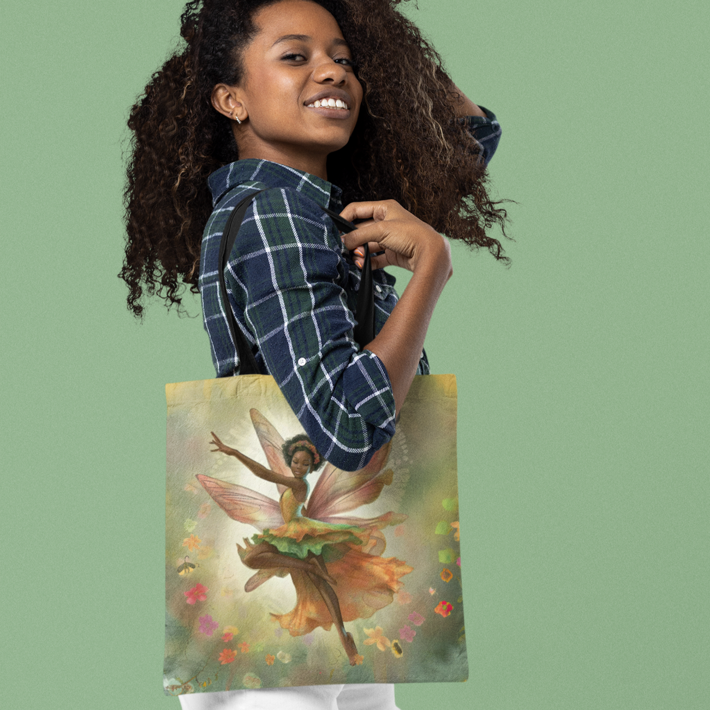 Enchanting Tote Bag with Dark-Skinned Fairy Design: Durable, Stylish, Available in Two Sizes