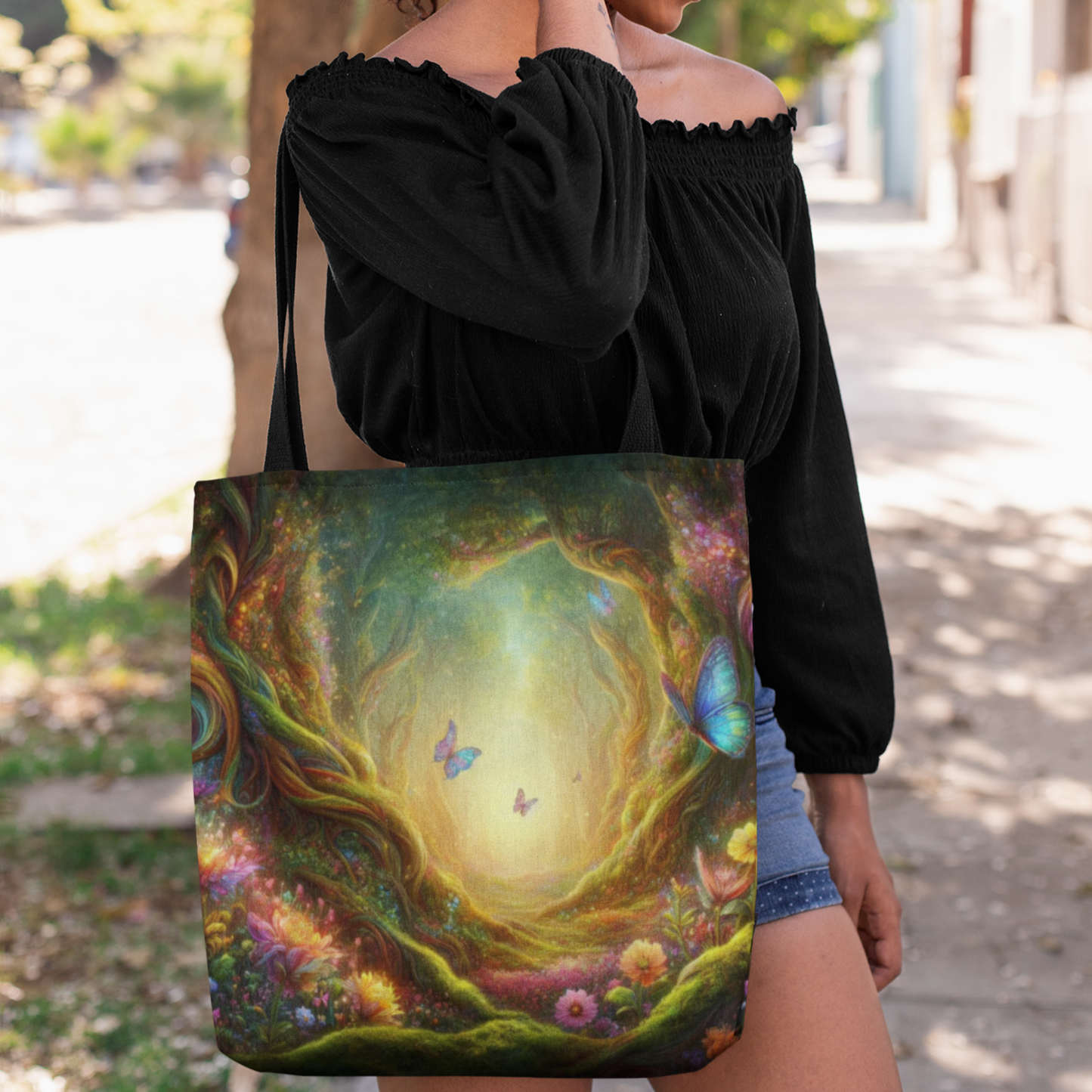 Enchanting Tote Bag with Dark-Skinned Fairy Design: Durable, Stylish, Available in Two Sizes