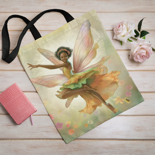 Enchanting Tote Bag with Dark-Skinned Fairy Design: Durable, Stylish, Available in Two Sizes
