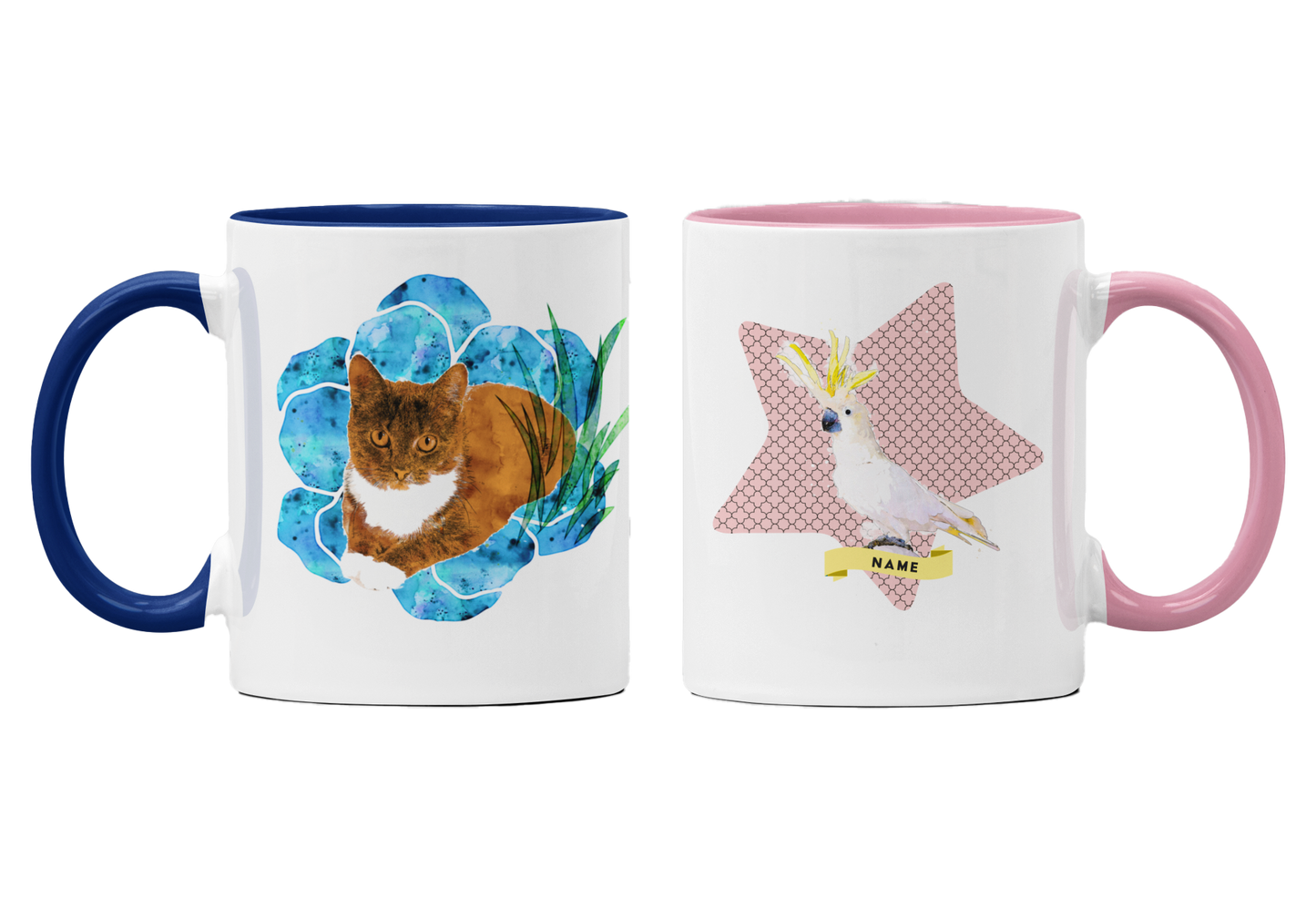 Watercolor Pet Portrait Mugs - Artistic, Personalized Drinkware -  with a colored rim and handle - 11oz Ceramic Mug