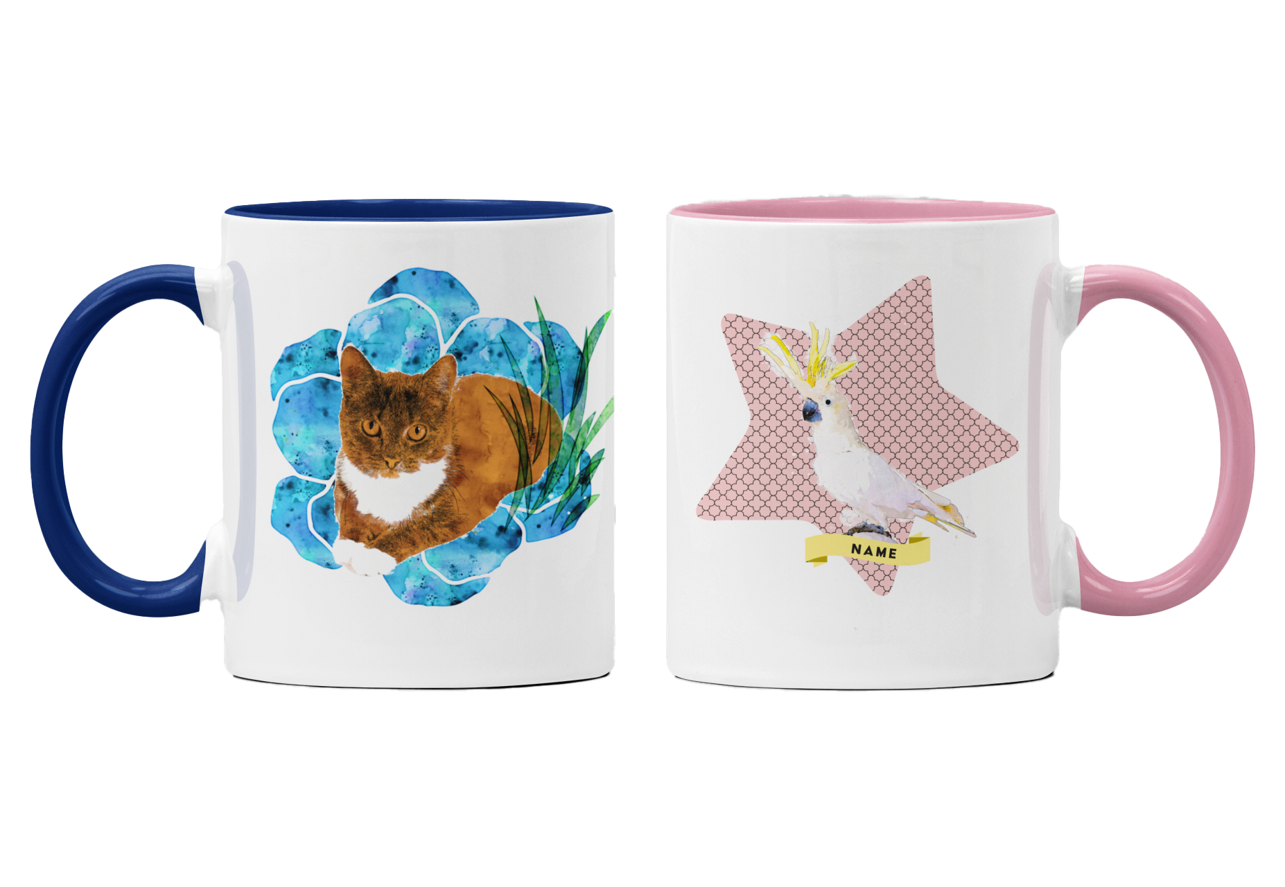 Watercolor Pet Portrait Mugs - Artistic, Personalized Drinkware -  with a colored rim and handle - 11oz Ceramic Mug
