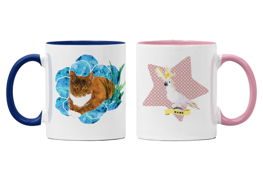 Watercolor Pet Portrait Mugs - Artistic, Personalized Drinkware -  with a colored rim and handle - 11oz Ceramic Mug